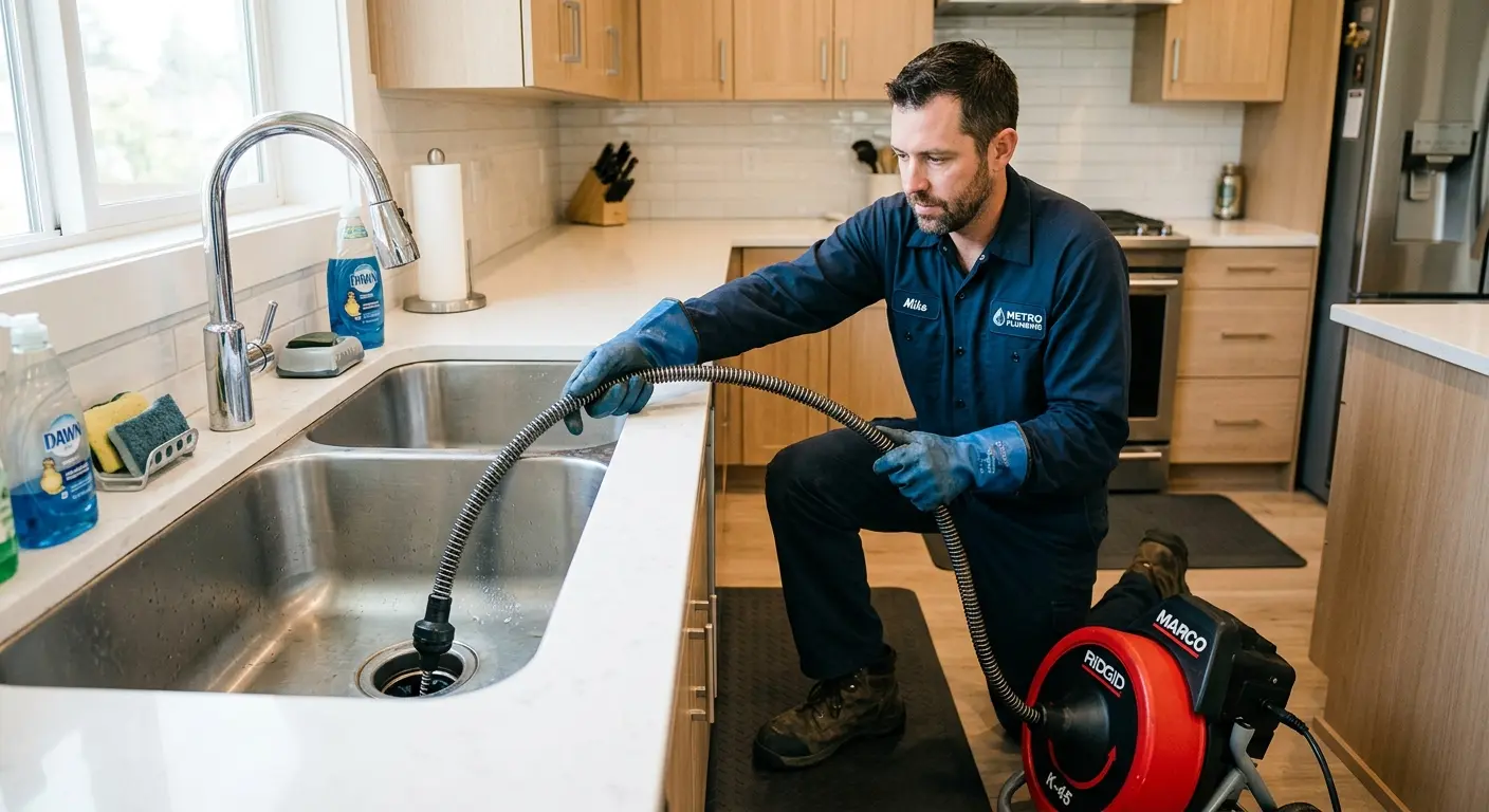 Drain cleaning technician using a motorized snake on a kitchen sink in Livonia