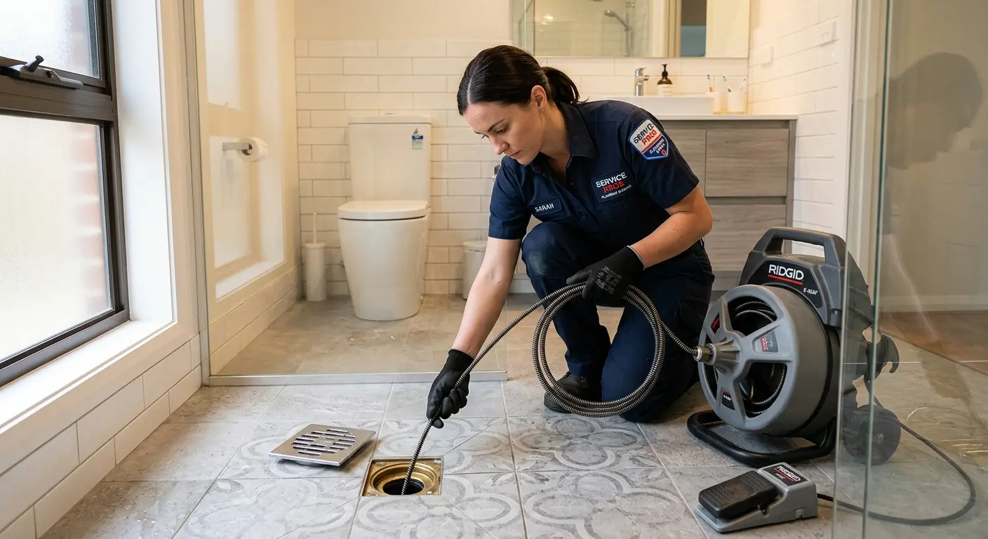 Technician clearing a bathroom floor drain for Drain Cleaning in Livonia